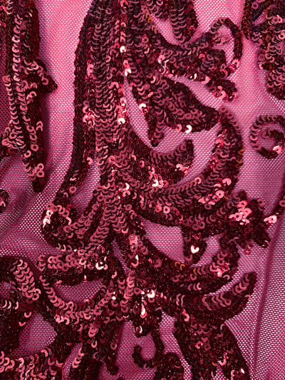 Alaina BURGUNDY Curlicue Sequins on Mesh Lace Fabric by the Yard - 10018