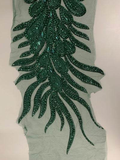 Gracie HUNTER GREEN Vegas Peacock Beaded Sequins Embroidered on Mesh Lace Fabric by Panel - 10012