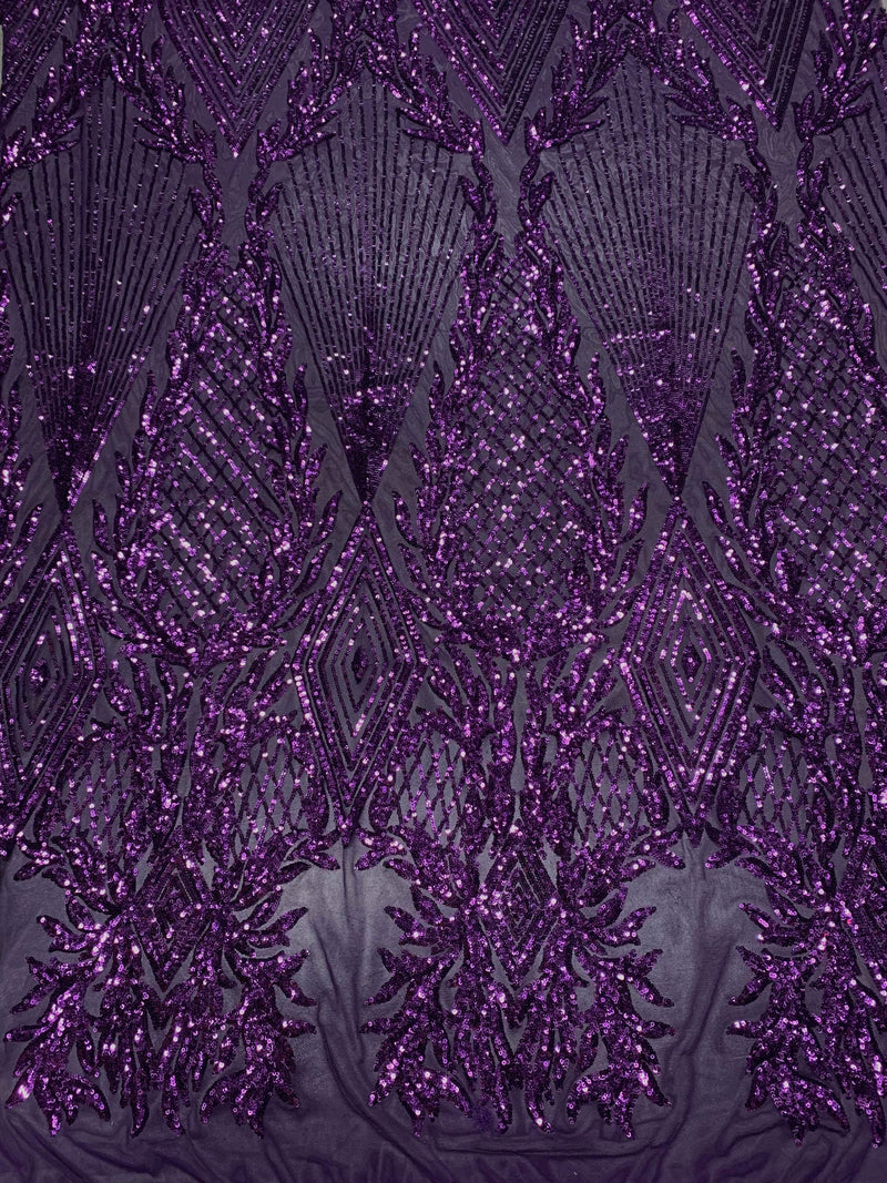 Francesca PURPLE Vines and Diamonds Pattern Sequins on Mesh Lace Fabric by the Yard - 10130