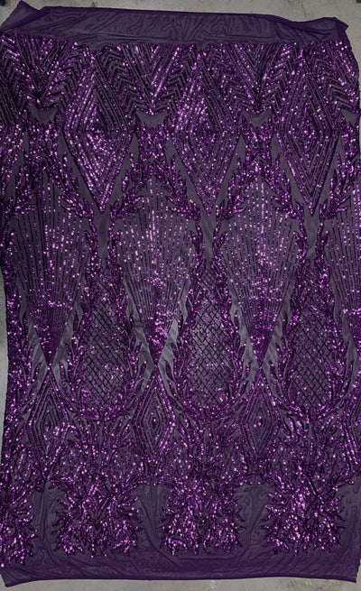 Francesca PURPLE Vines and Diamonds Pattern Sequins on Mesh Lace Fabric by the Yard - 10130