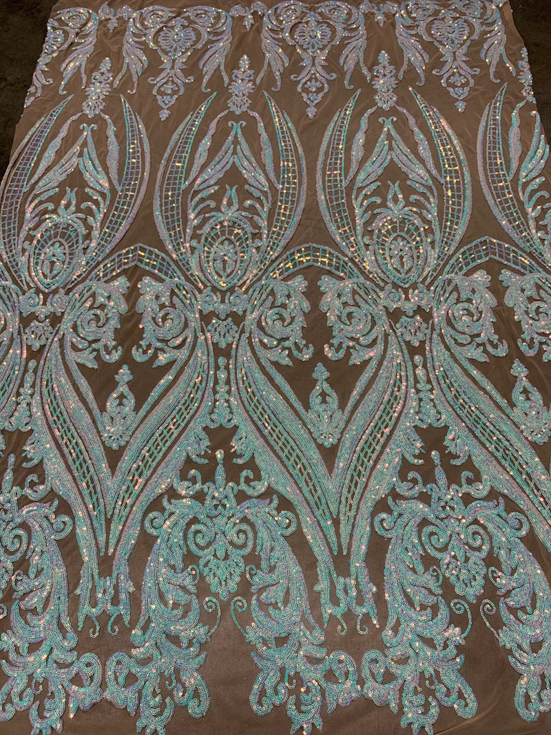 Alaina IRIDESCENT WHITE Curlicue Sequins on NUDE Mesh Lace Fabric by the Yard - 10018