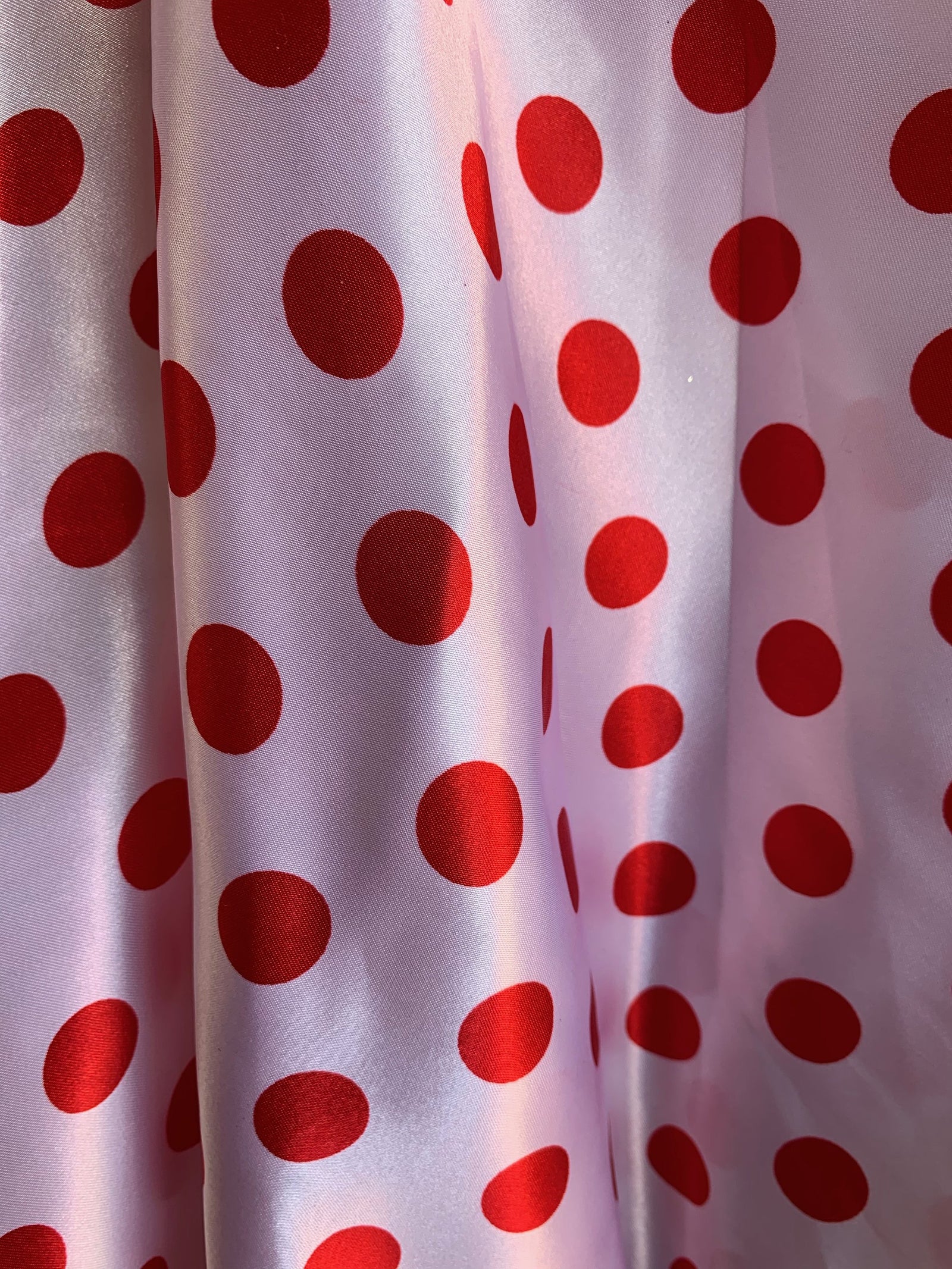 Shelby 0.75" RED Polka Dots on WHITE Polyester Light Weight Satin Fabric by the Yard - 10070