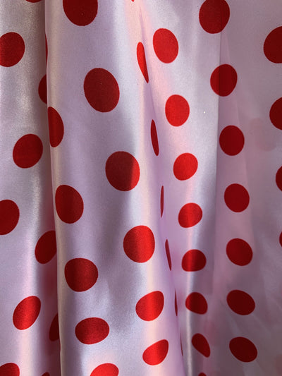 Shelby 0.75" RED Polka Dots on WHITE Polyester Light Weight Satin Fabric by the Yard - 10070