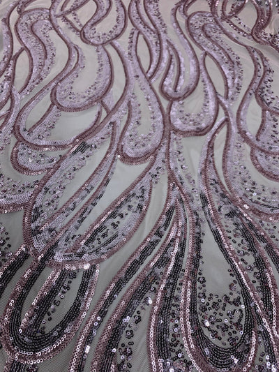 Lorelei DUSTY PINK Swirls Sequins on Mesh Lace Fabric by the Yard - 10133