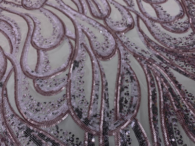 Lorelei DUSTY PINK Swirls Sequins on Mesh Lace Fabric by the Yard - 10133