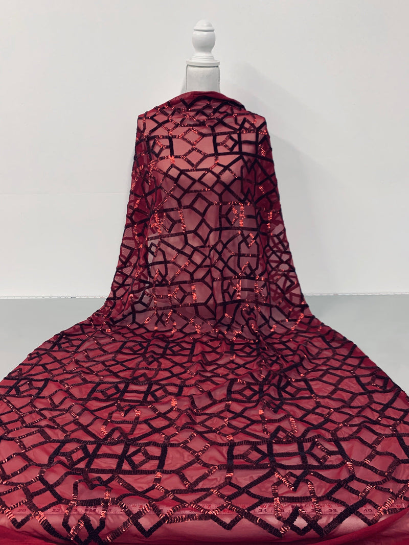 Meredith BURGUNDY Trellis Pattern Sequins on Mesh Lace Fabric by the Yard - 10146