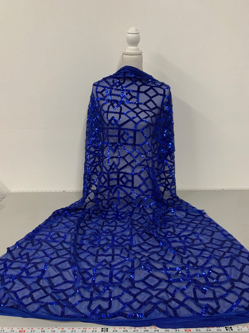 Meredith ROYAL BLUE Trellis Pattern Sequins on Mesh Lace Fabric by the Yard - 10146