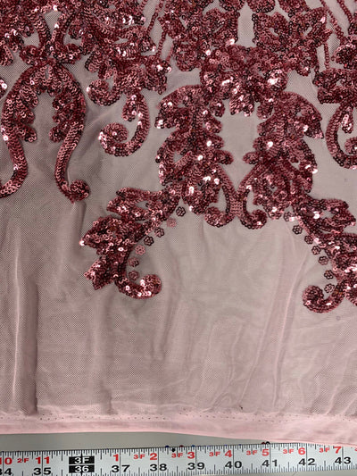 Angelica DUSTY PINK Curlicues and Leaves Sequins on Mesh Lace Fabric by the Yard - 10132