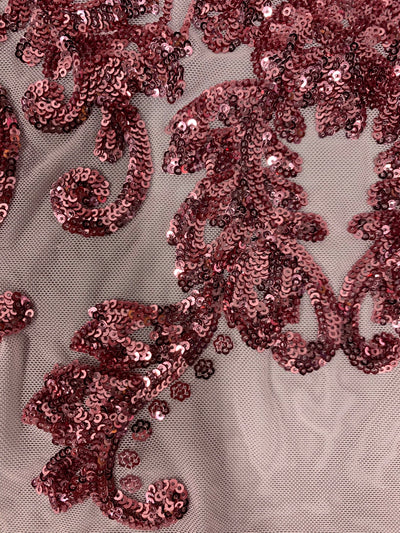 Angelica DUSTY PINK Curlicues and Leaves Sequins on Mesh Lace Fabric by the Yard - 10132
