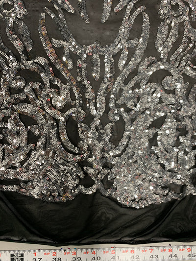 Phoebe SILVER Sequins on BLACK Mesh Lace Fabric by the Yard - 10062