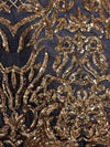 Phoebe GOLD Sequins on BLACK Mesh Lace Fabric by the Yard - 10062