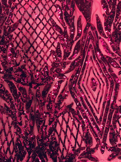 Francesca FUCHSIA Vines and Diamonds Pattern Sequins on Mesh Lace Fabric by the Yard - 10130