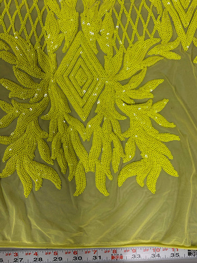 Francesca BRIGHT YELLOW Vines and Diamonds Pattern Sequins on Mesh Lace Fabric by the Yard - 10130