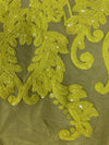 Angelica BRIGHT YELLOW Curlicues and Leaves Sequins on Mesh Lace Fabric by the Yard - 10132