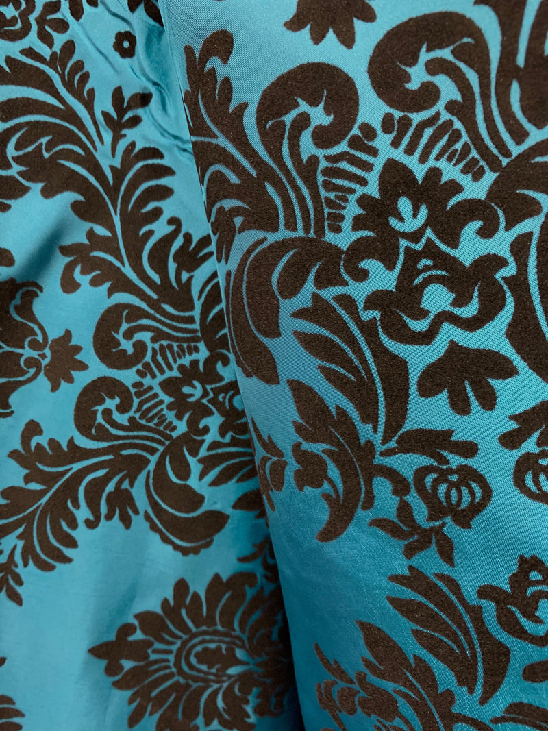 Amanda TEAL Taffeta with Black Velvet Flocked Damask Fabric by the Yard - 10078