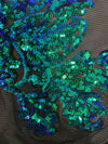 Kara BLUE GREEN MERMAID Hearts and Flowers Sequins on Mesh Lace Fabric by the Yard - 10148