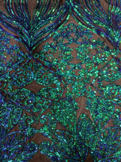 Kara BLUE GREEN MERMAID Hearts and Flowers Sequins on Mesh Lace Fabric by the Yard - 10148