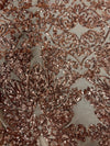 Kara BRONZE Hearts and Flowers Sequins on Mesh Lace Fabric by the Yard - 10148