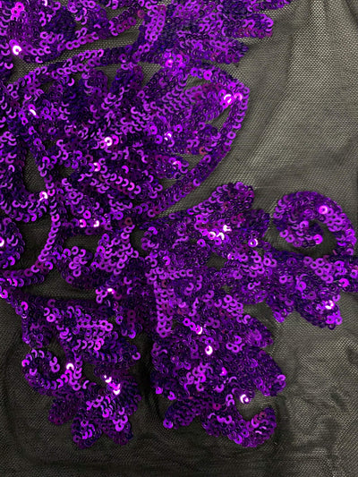 Kara PURPLE Hearts and Flowers Sequins on Mesh Lace Fabric by the Yard - 10148