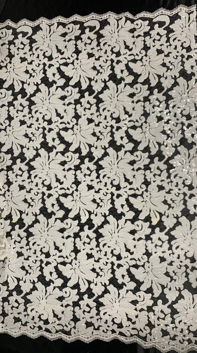 Liana OFF WHITE Embroidered Floral Sequins on Mesh Lace Fabric by the Yard - 10150