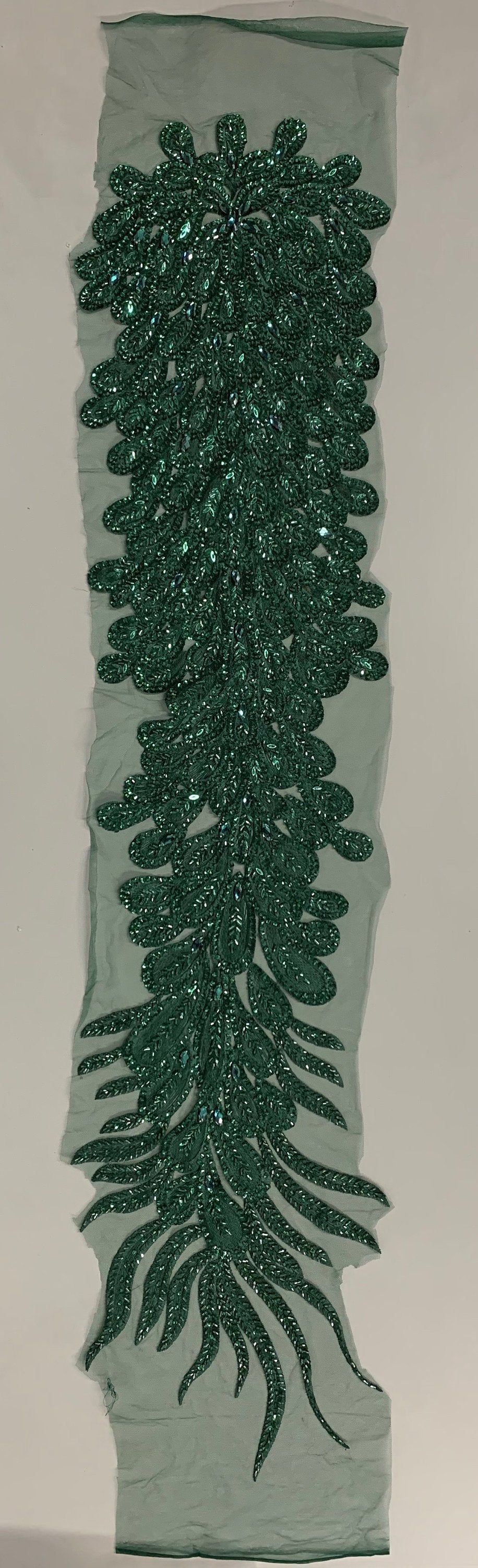 Gracie HUNTER GREEN Vegas Peacock Beaded Sequins Embroidered on Mesh Lace Fabric by Panel - 10012