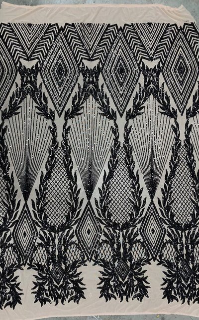 Francesca BLACK Vines and Diamonds Pattern Sequins on NUDE Mesh Lace Fabric by the Yard - 10130