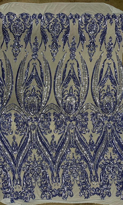 Alaina DUSTY BLUE Curlicue Sequins on Mesh Lace Fabric by the Yard - 10018