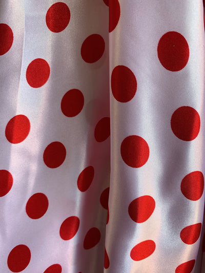Shelby 0.75" RED Polka Dots on WHITE Polyester Light Weight Satin Fabric by the Yard - 10070