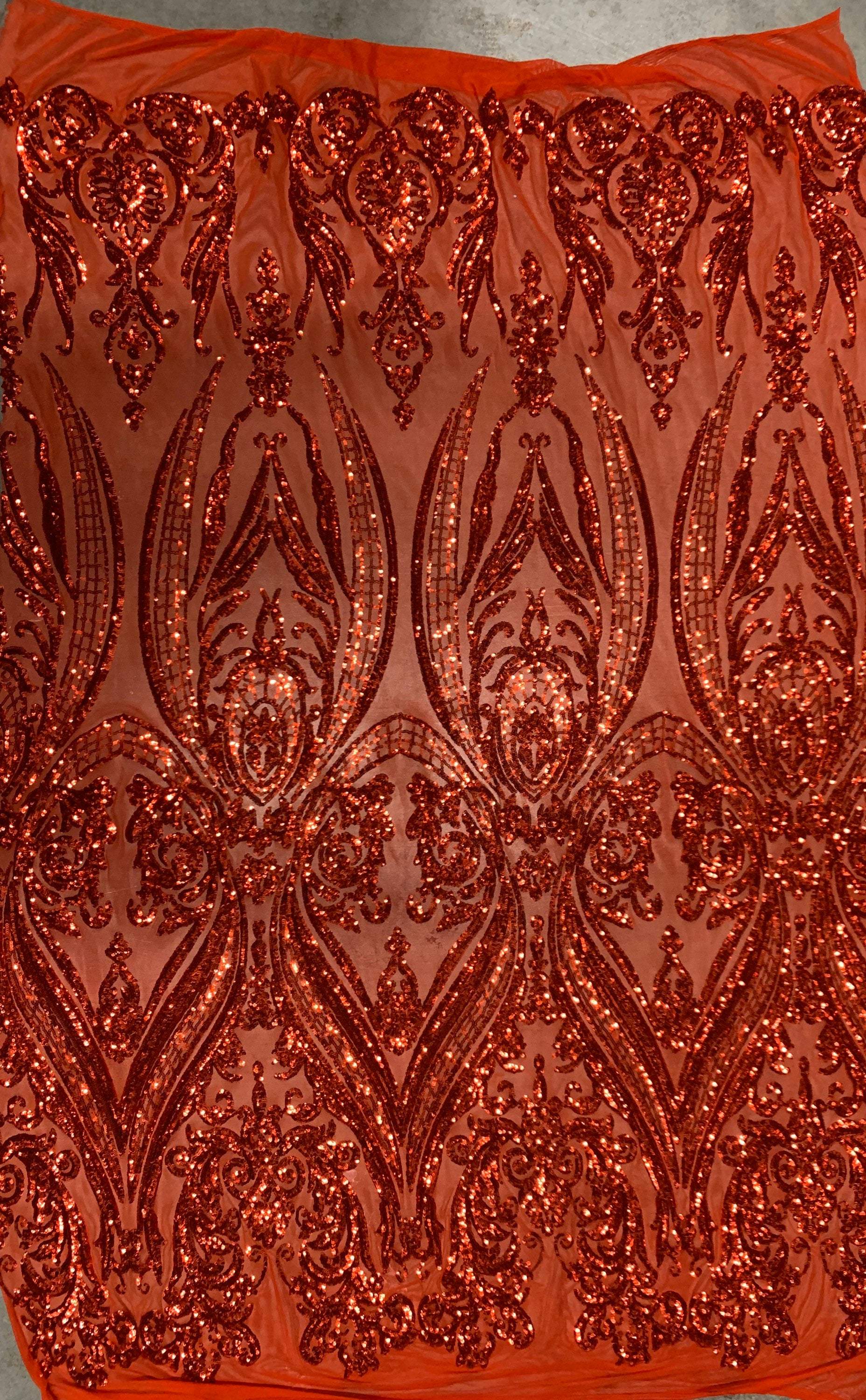 Alaina ORANGE Curlicue Sequins on Mesh Lace Fabric by the Yard